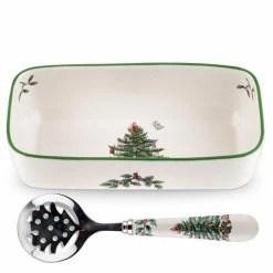 Spode - Christmas Tree Cranberry Server With Slotted Spoon